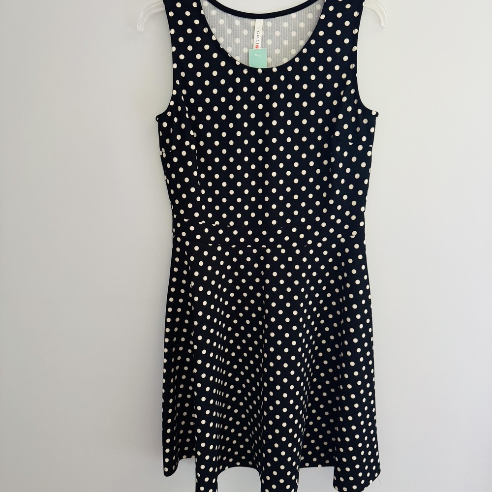 Gilli Dress Womens L Black Polka Dot Sleeveless Fit Flare Haven Textured Knit